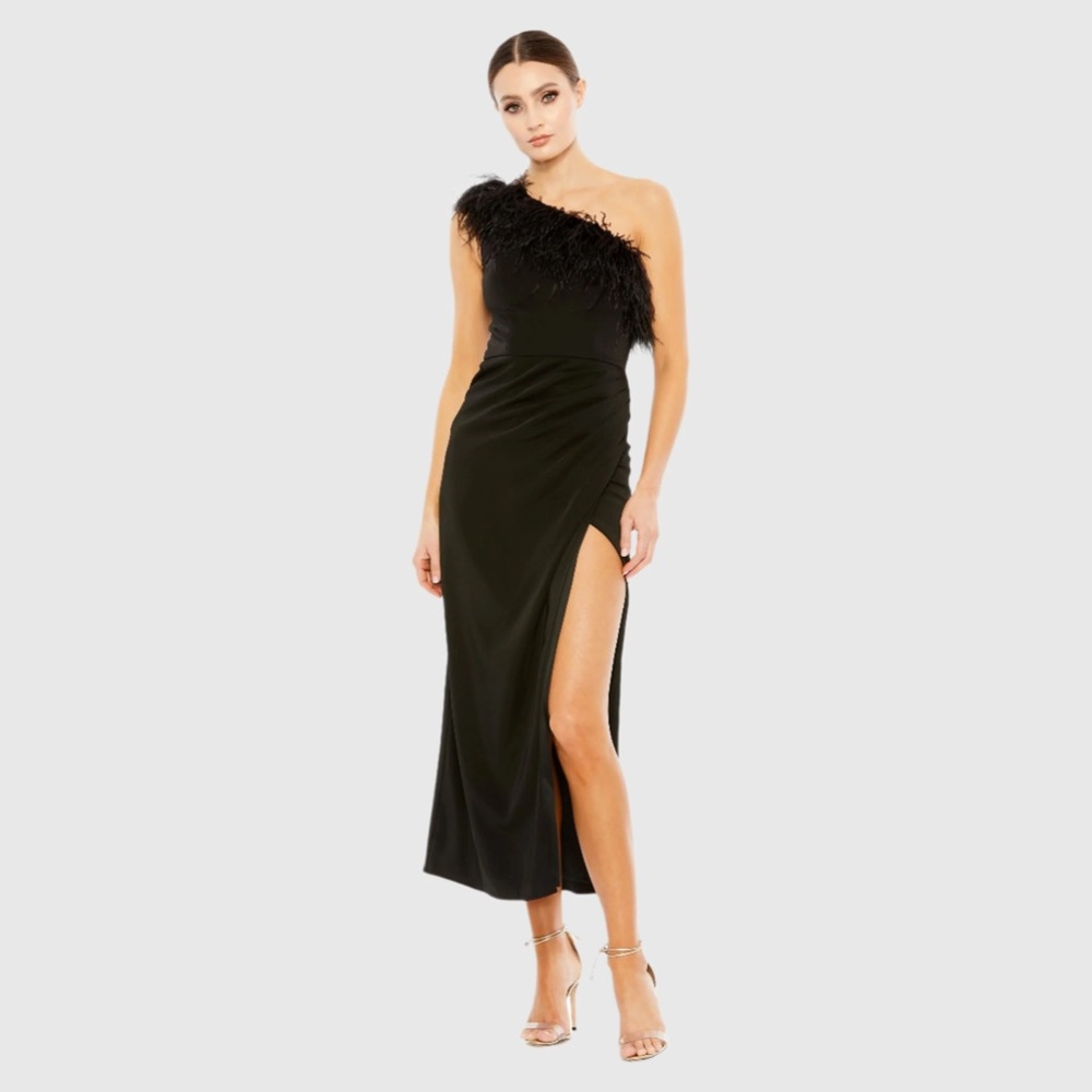 Mac Duggal 68147 Nwt Feather Trim One Shoulder Draped Dress